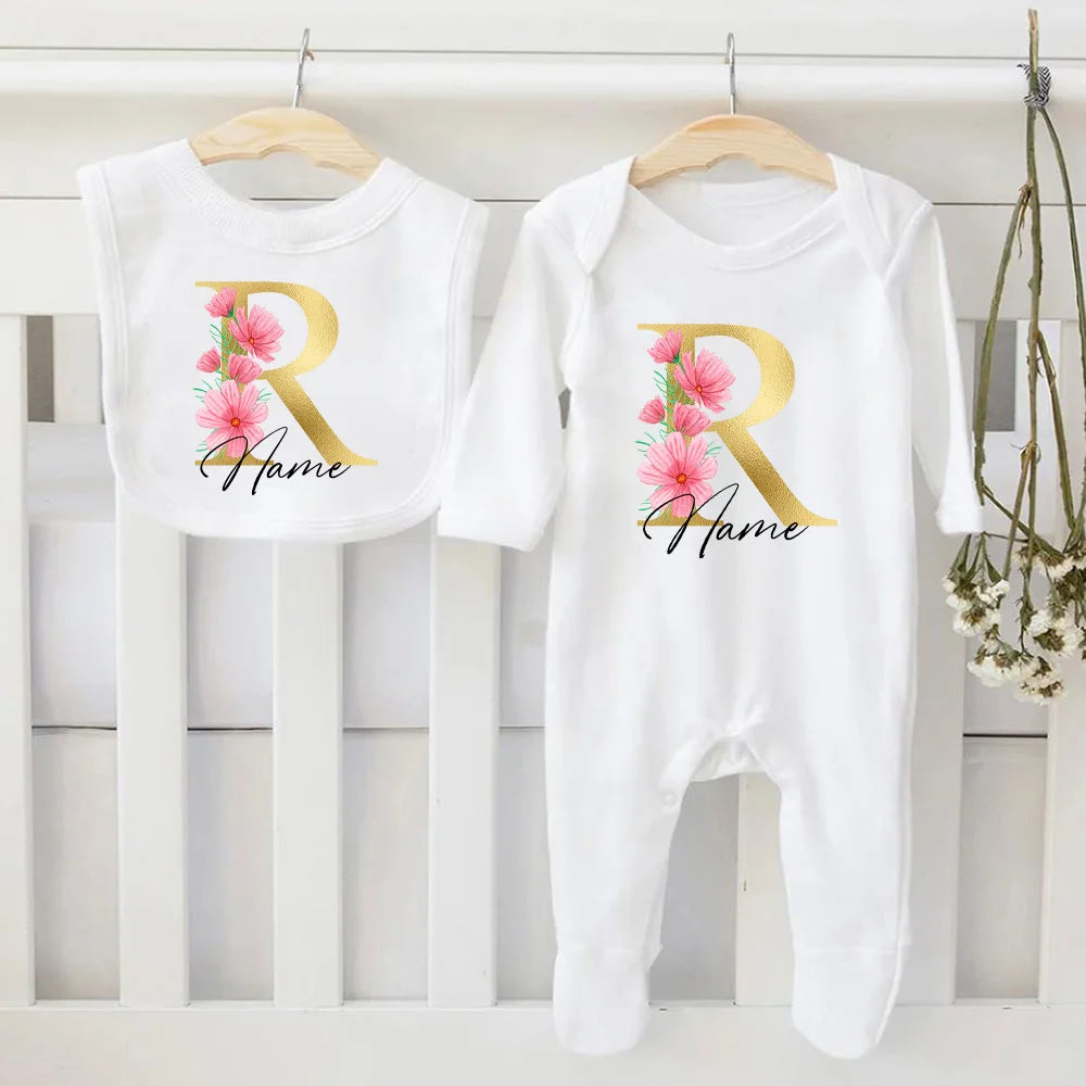 Personalized Baby Bib & Bodysuit 2pcs Infant Bibs and Romper Set Newborn Coming Home Hospital Outfit Sleepsuit Baby Shower Gifts