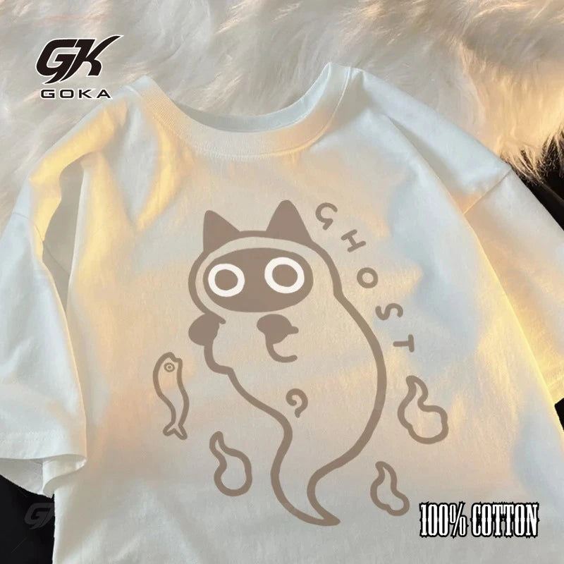 Ghost Cat Loose Short Sleeved T-shirt For Unisex Original Japanese Fashion Brand Couple Pure Cotton Cat Transparent Ghost Cat