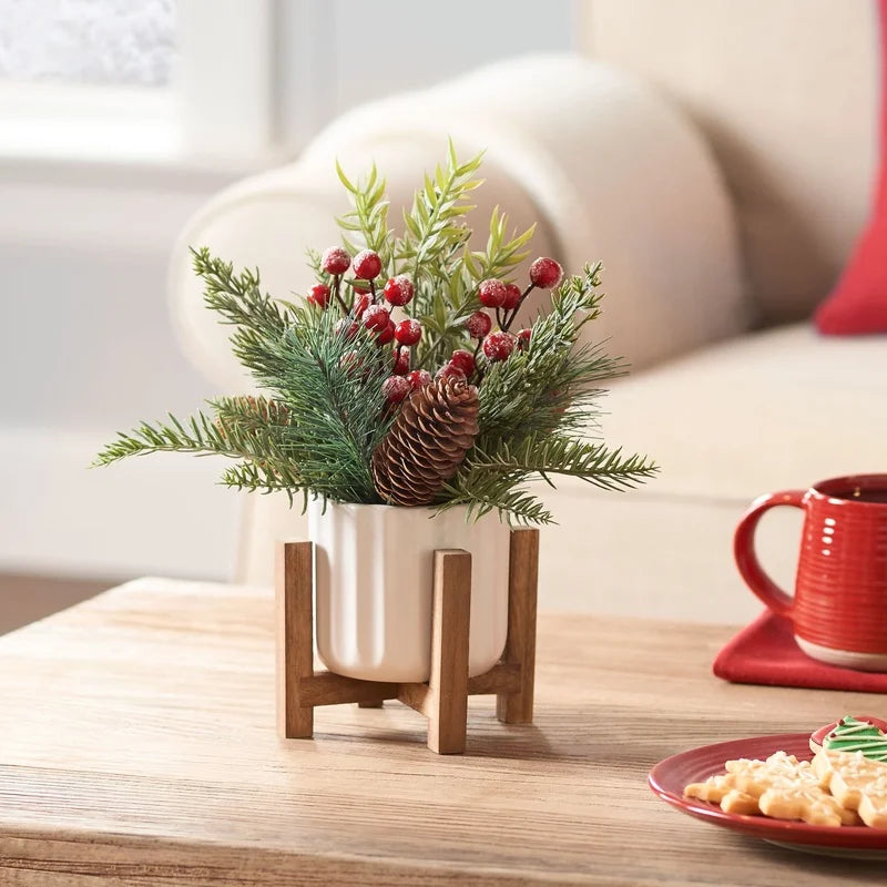 11" Artificial Christmas Tabletop Tree Red Berries Pine White Ceramic Planter Wooden Stand Holiday Home Decoration Indoor Use