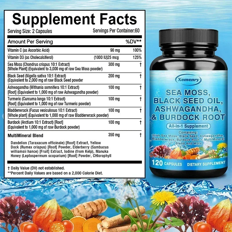 Sea Moss, Black Seed Oil, Ashwagandha & Burdock Root - Supports Bone, Joint & Digestive Health, Boosts Natural Energy, Immunity