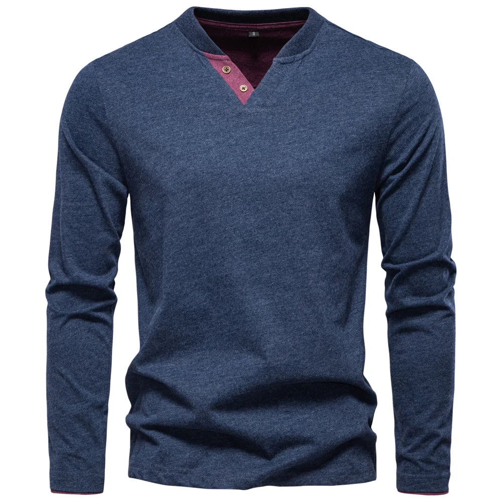 AIOPESON Henley Collar T Shirt Men Casual Solid Color Long Sleeve Autumn Fashion High Quality 100% Cotton Mens T Shirts