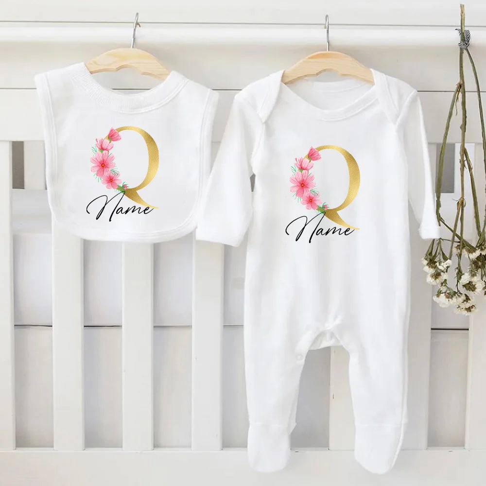 Personalized Baby Bib & Bodysuit 2pcs Infant Bibs and Romper Set Newborn Coming Home Hospital Outfit Sleepsuit Baby Shower Gifts