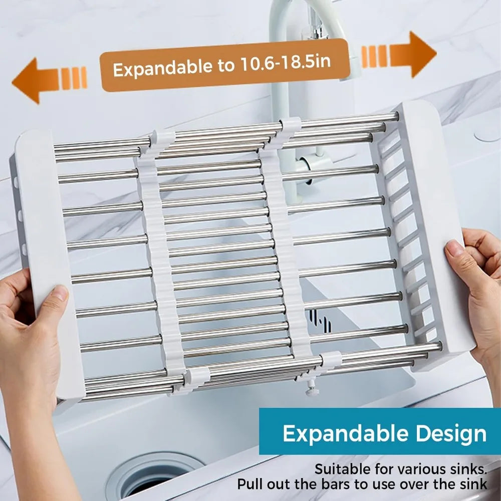 over sink dish drying rack, stainless steel drainer for 11"-19" sinks, kitchen countertop organizer for dishes, vegetables, and
