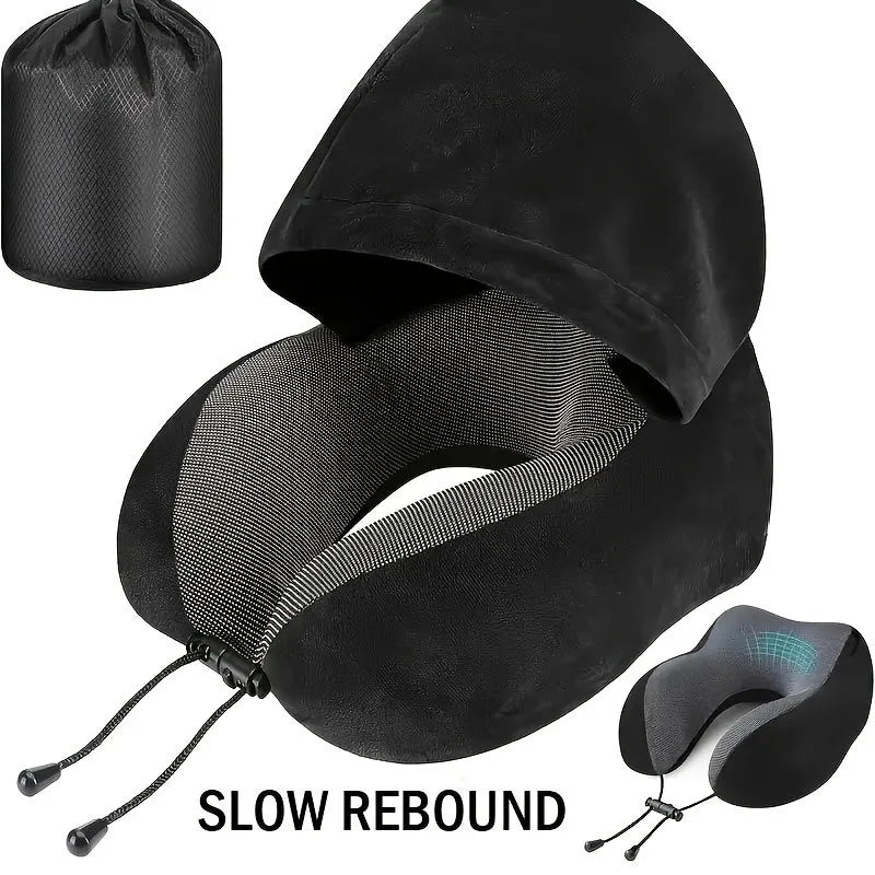 Memory Foam Hooded U-Shaped Travel Pillow with Detachable Cover Portable Neck Support for Airplane Office Nap Car and Home Use