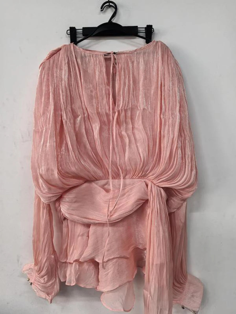 TWOTWINSTYLE Solid Patchwork Lace Up Blouse Mini Dresses For Women V Neck Long Sleeve Sweet Style Dress Female Clothing Fashion