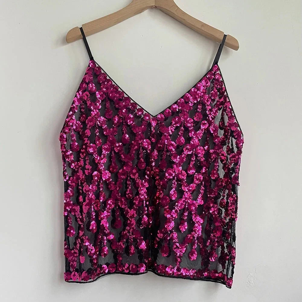 2025 Women's Summer High Quality Sequin Bead Sexy Sling Slim Fit Short V-neck Straight Tank Top Korean Fashion Clothing