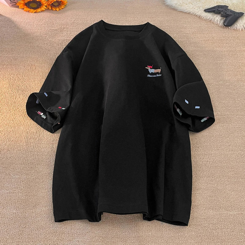 Korean Street Summer Short Sleeve Cute Puppy Graphic T-Shirt Men's Fashion Loose Fit Crewneck T-shirt Delicate Embroidery Top