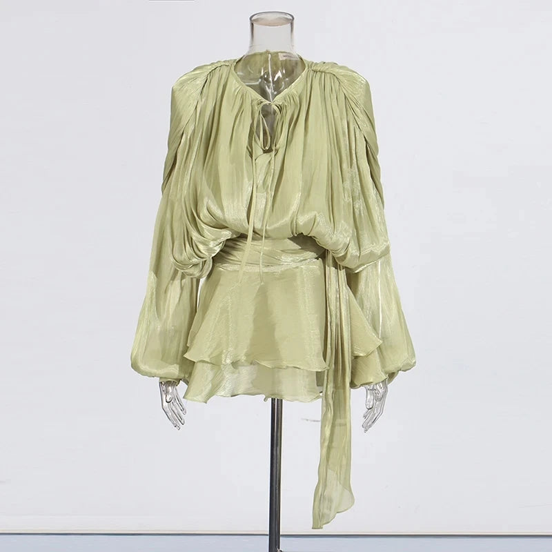 TWOTWINSTYLE Solid Patchwork Lace Up Blouse Mini Dresses For Women V Neck Long Sleeve Sweet Style Dress Female Clothing Fashion