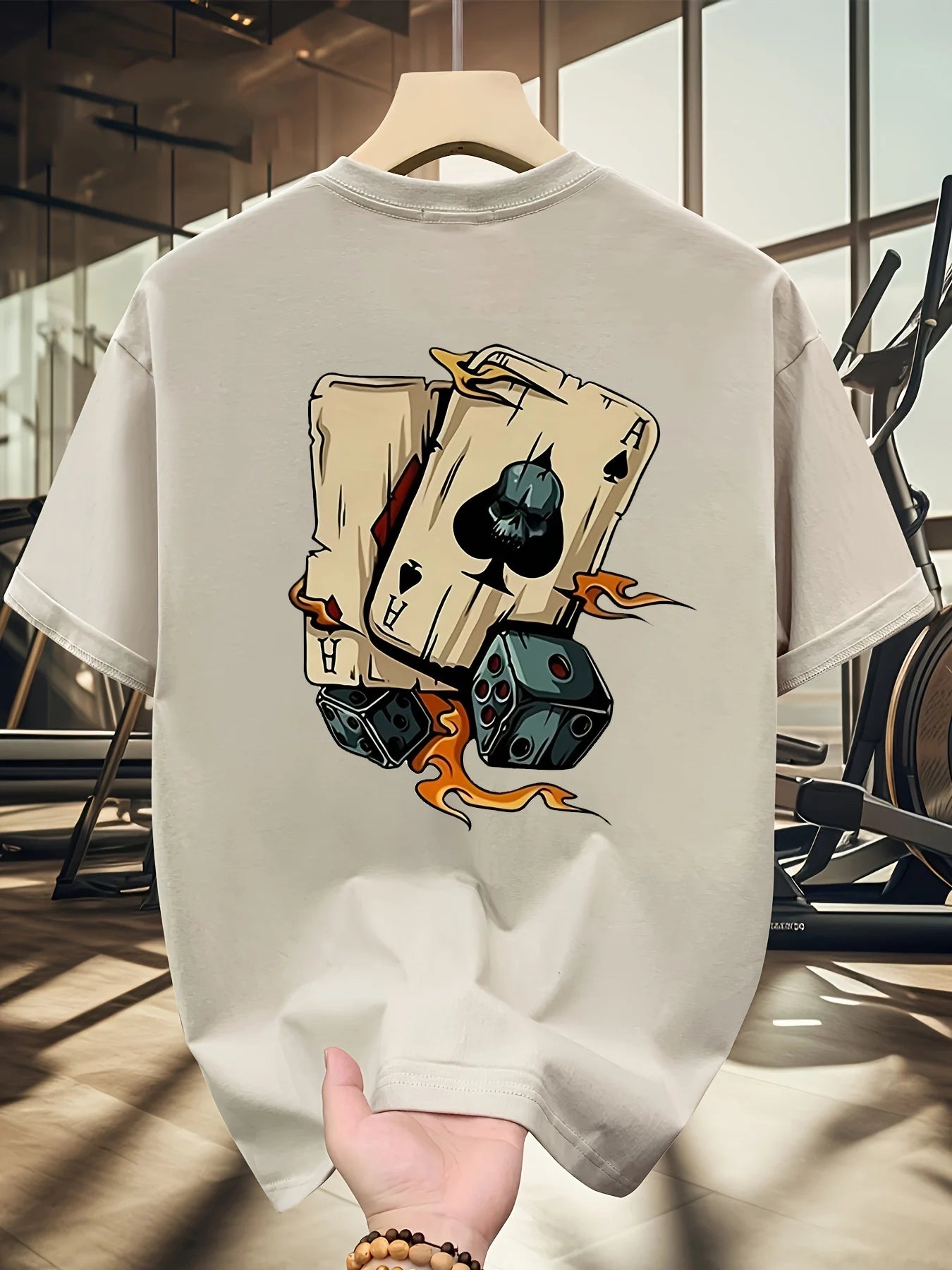 Men's summer 100% pure cotton fashionable casual loose creative poker and dice printed sports round neck short sleeved T-shirt