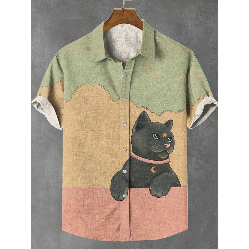 Summer Men's Shirt Animal Graphic Print Cat Shirts Casual Short Sleeve Streetwear Fashion Male Oversized Clothing Funny Blouse