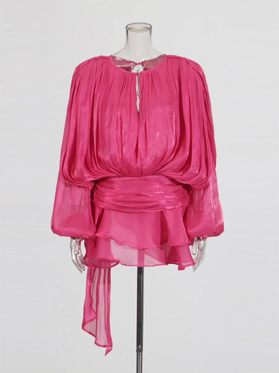 TWOTWINSTYLE Solid Patchwork Lace Up Blouse Mini Dresses For Women V Neck Long Sleeve Sweet Style Dress Female Clothing Fashion