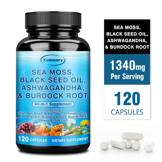 Sea Moss, Black Seed Oil, Ashwagandha & Burdock Root - Supports Bone, Joint & Digestive Health, Boosts Natural Energy, Immunity
