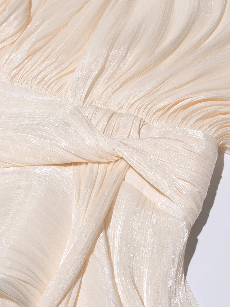 TWOTWINSTYLE Elegant Ruched Mini Dress For Women Round Neck Lantern Long Sleeve High Waist Temperament Dresses Female Fashion