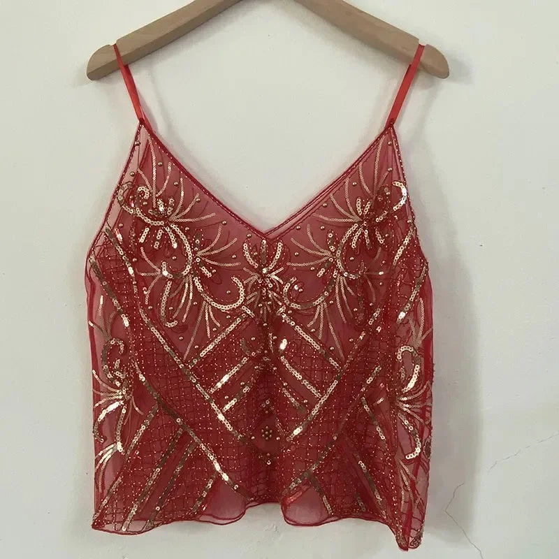 2025 Women's Summer High Quality Sequin Bead Sexy Sling Slim Fit Short V-neck Straight Tank Top Korean Fashion Clothing