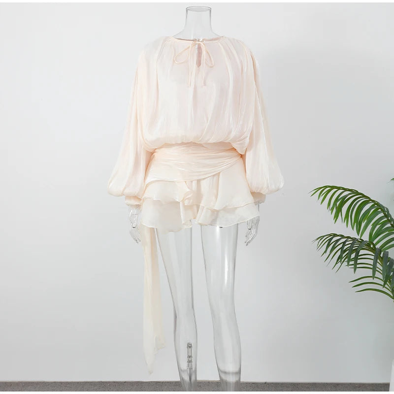 Elegant Ruched Mini Dress For Women Round Neck Lantern Long Sleeve High Waist Temperament Dresses Female Fashion 2025 CLOTHING