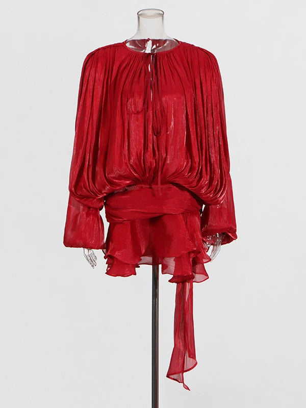 TWOTWINSTYLE Elegant Ruched Mini Dress For Women Round Neck Lantern Long Sleeve High Waist Temperament Dresses Female Fashion