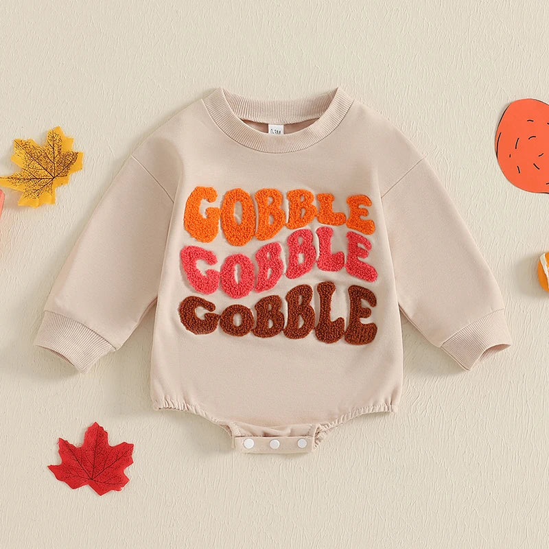 Thanksgiving Baby Romper with Embroidered Letters Long Sleeve Crew Neck Jumpsuit for Boys and Girls - Adorable Bubble