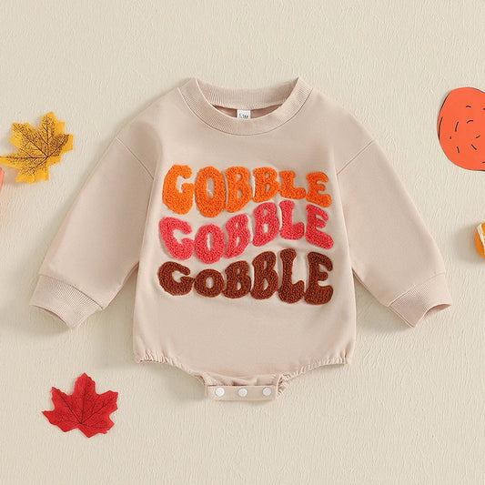 Thanksgiving Baby Romper with Embroidered Letters Long Sleeve Crew Neck Jumpsuit for Boys and Girls - Adorable Bubble