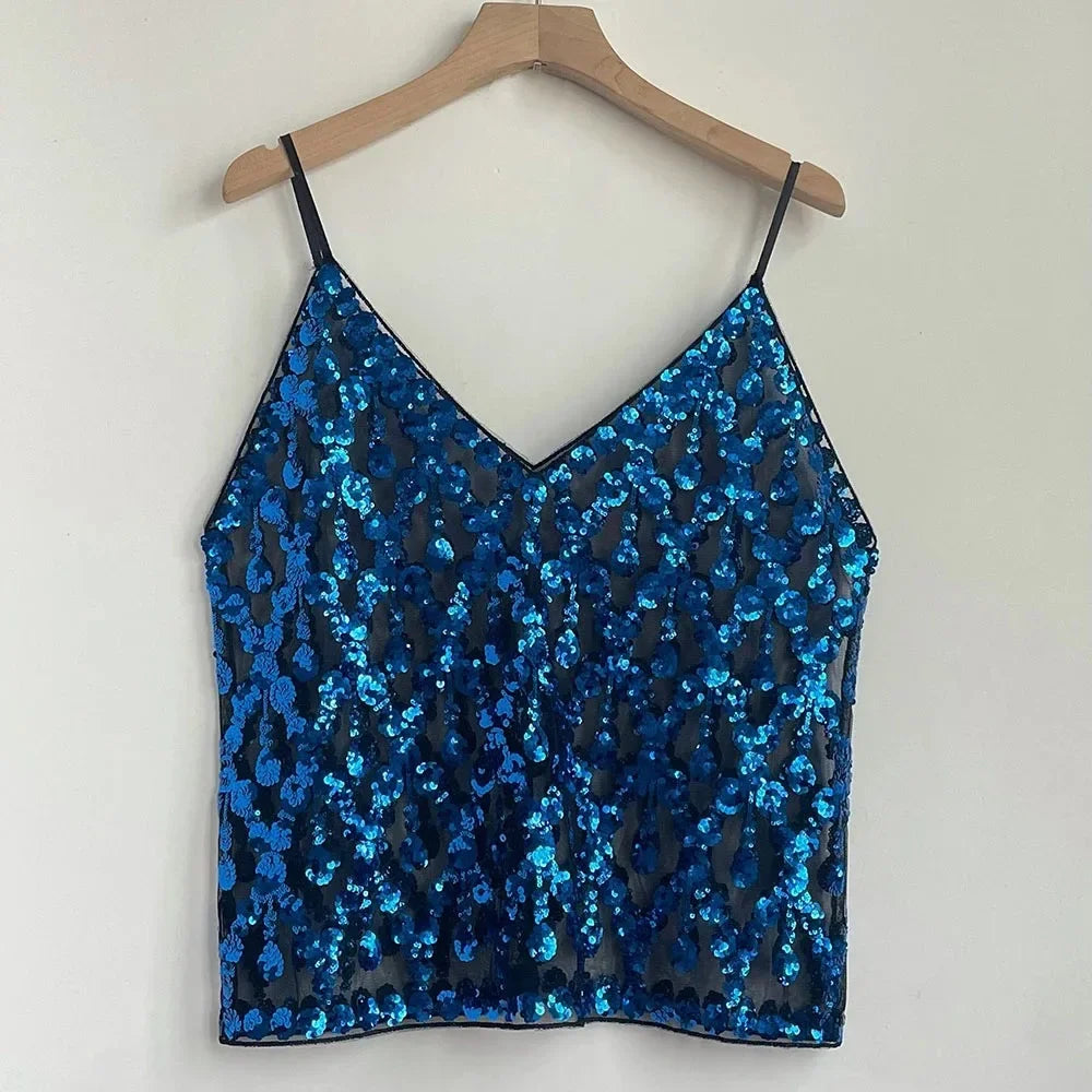 2025 Women's Summer High Quality Sequin Bead Sexy Sling Slim Fit Short V-neck Straight Tank Top Korean Fashion Clothing