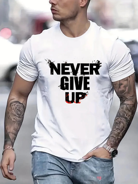 Men's summer 100 cotton fashionable casual sports loose NEVER GIVE UP letter printed round neck short sleeved T-shirt top