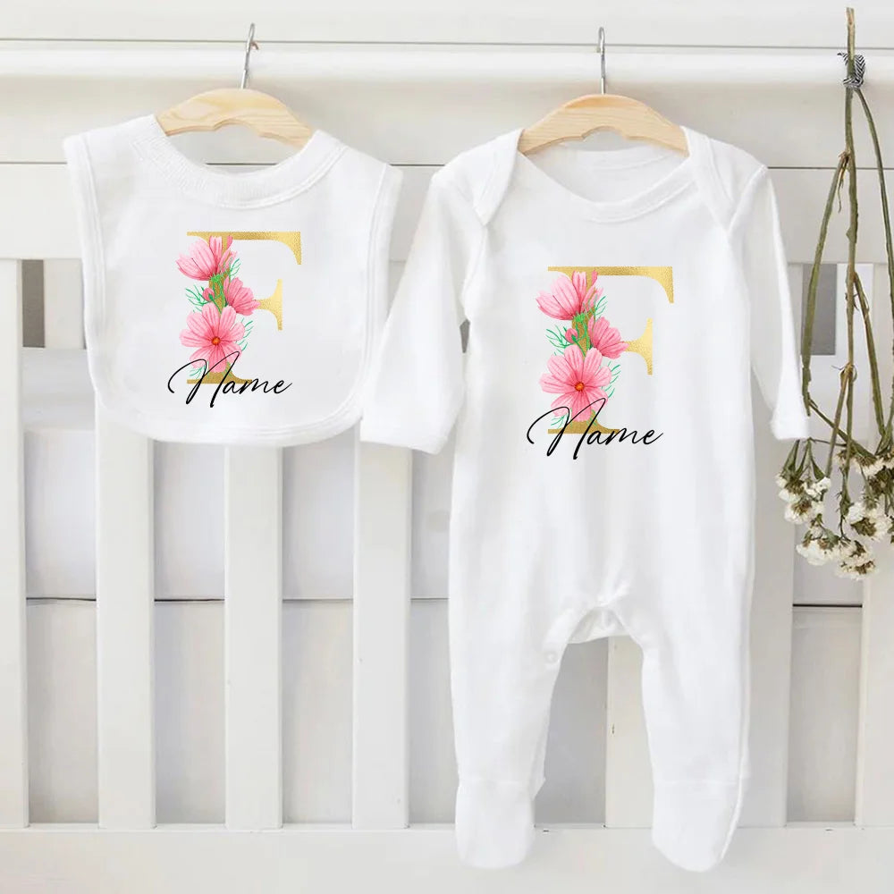 Personalized Baby Bib & Bodysuit 2pcs Infant Bibs and Romper Set Newborn Coming Home Hospital Outfit Sleepsuit Baby Shower Gifts