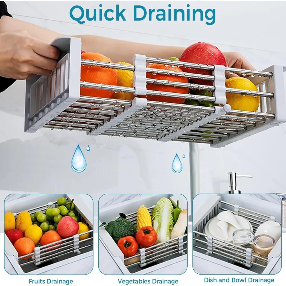 over sink dish drying rack, stainless steel drainer for 11"-19" sinks, kitchen countertop organizer for dishes, vegetables, and