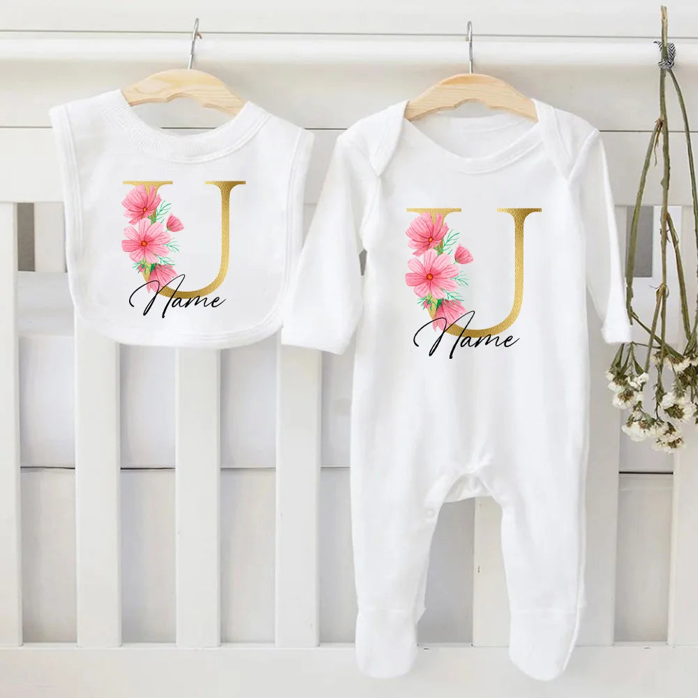 Personalized Baby Bib & Bodysuit 2pcs Infant Bibs and Romper Set Newborn Coming Home Hospital Outfit Sleepsuit Baby Shower Gifts