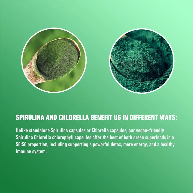Spirulina Chlorella Capsules - Natural Energy and Glucose Control, Detoxification, Antioxidant