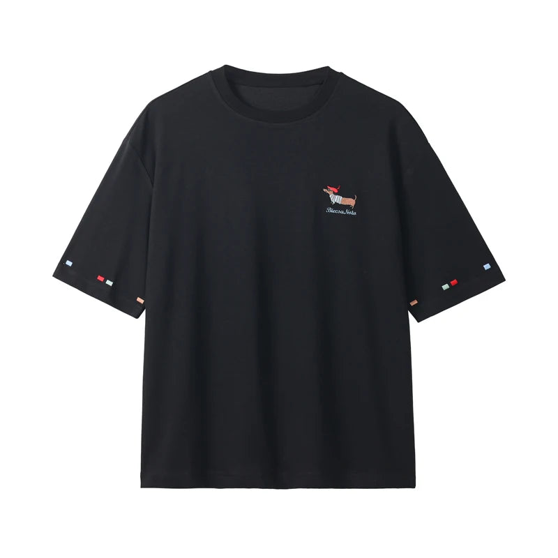 Korean Street Summer Short Sleeve Cute Puppy Graphic T-Shirt Men's Fashion Loose Fit Crewneck T-shirt Delicate Embroidery Top