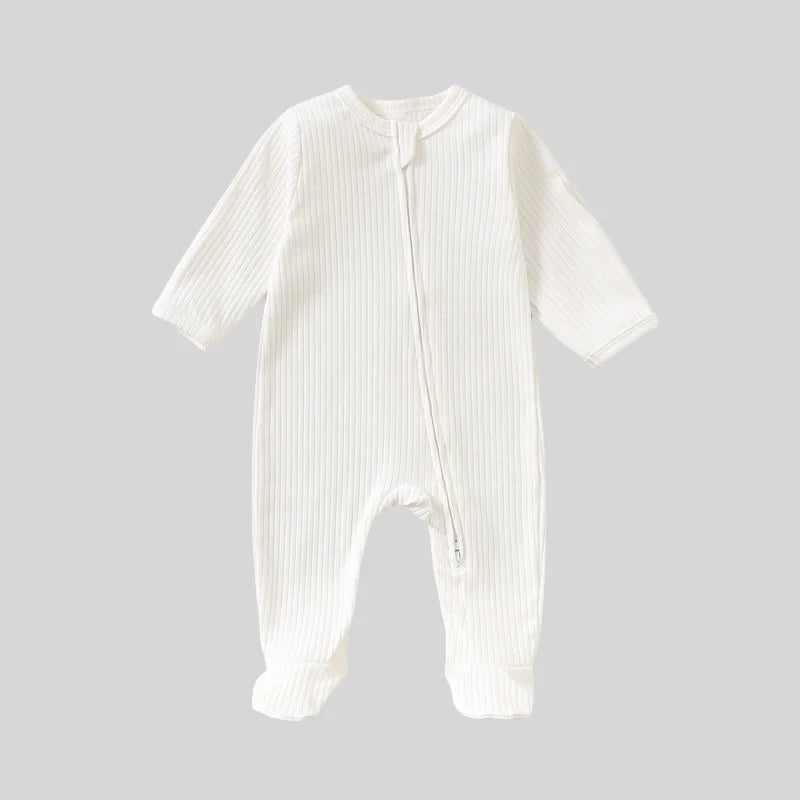 Autumn Zipper Baby Onesie Ribbed Knit Footed Romper Long Sleeve Solid Color Jumpsuit for 0-12M Newborn Infant Outfits
