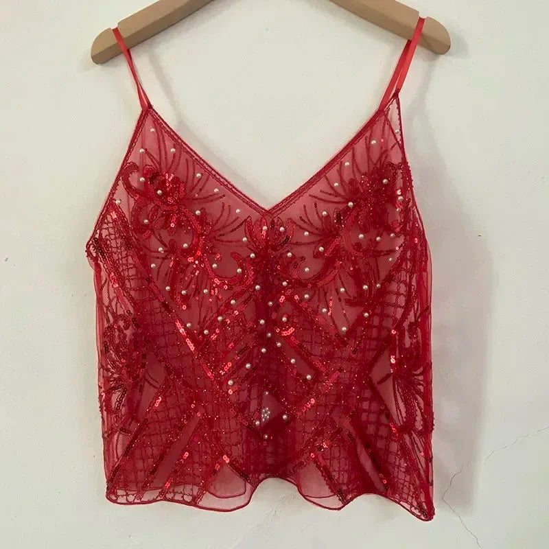 2025 Women's Summer High Quality Sequin Bead Sexy Sling Slim Fit Short V-neck Straight Tank Top Korean Fashion Clothing