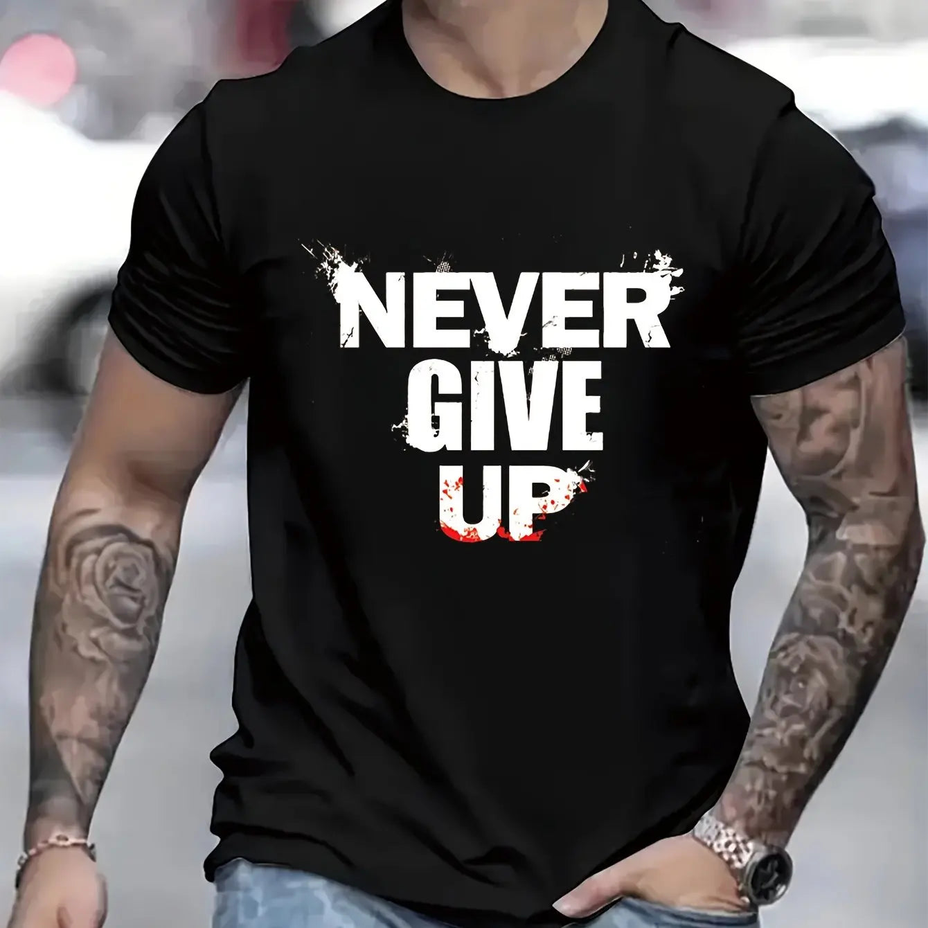 Men's summer 100 cotton fashionable casual sports loose NEVER GIVE UP letter printed round neck short sleeved T-shirt top