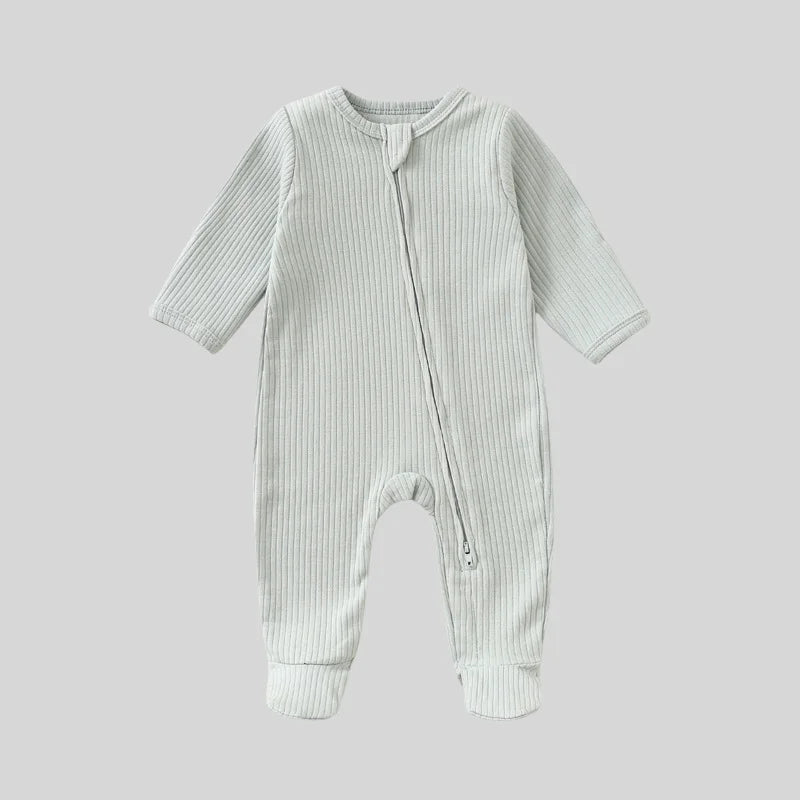 Autumn Zipper Baby Onesie Ribbed Knit Footed Romper Long Sleeve Solid Color Jumpsuit for 0-12M Newborn Infant Outfits