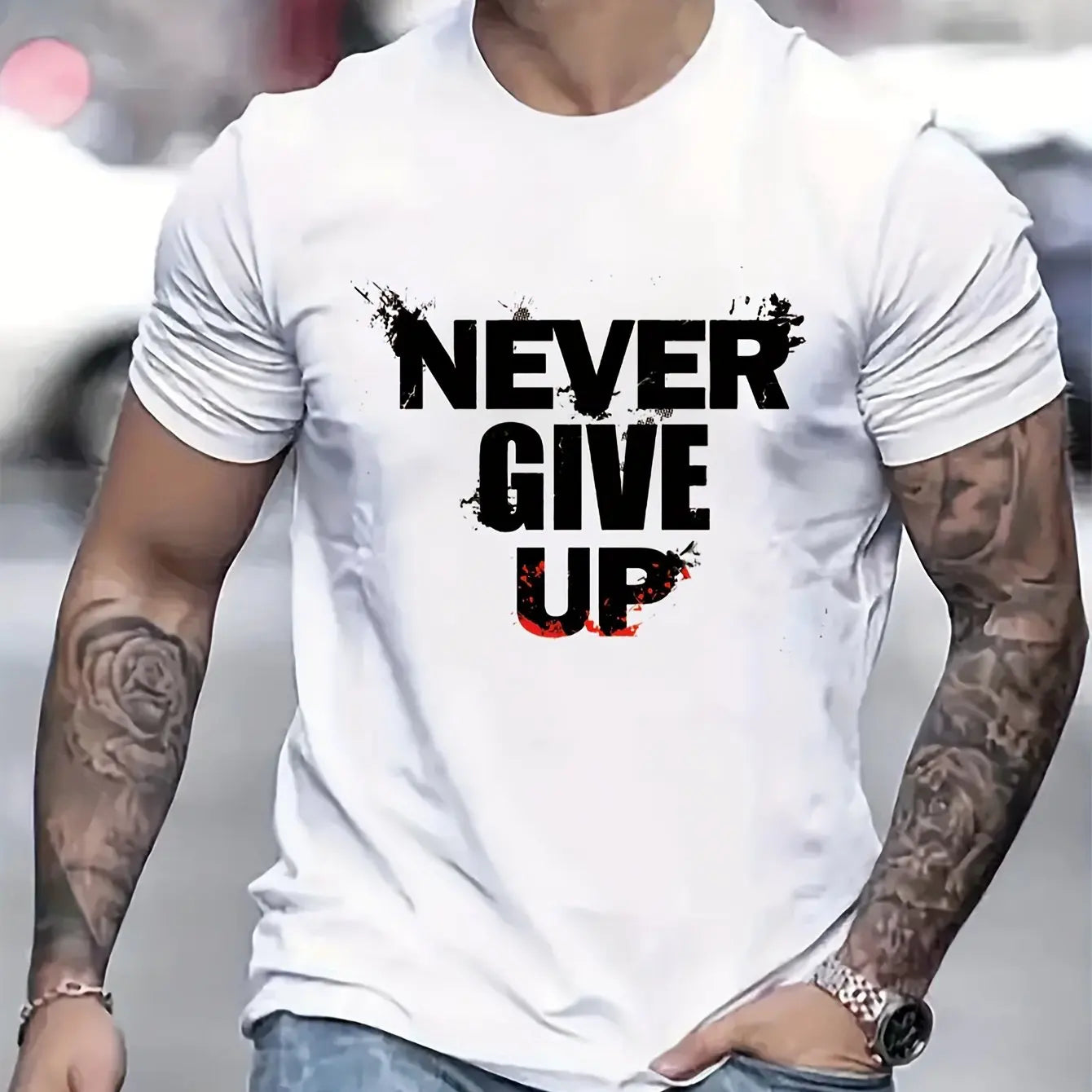 Men's summer 100 cotton fashionable casual sports loose NEVER GIVE UP letter printed round neck short sleeved T-shirt top