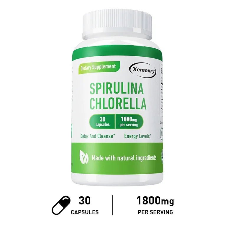 Spirulina Chlorella Capsules - Natural Energy and Glucose Control, Detoxification, Antioxidant
