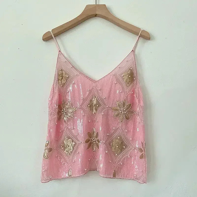 2025 Women's Summer High Quality Sequin Bead Sexy Sling Slim Fit Short V-neck Straight Tank Top Korean Fashion Clothing