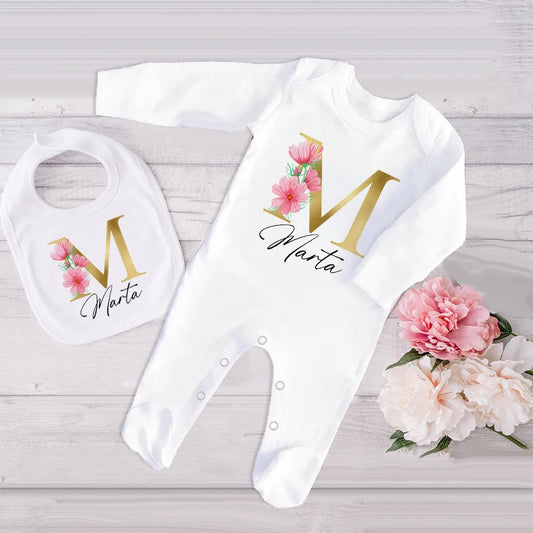 Personalized Baby Bib & Bodysuit 2pcs Infant Bibs and Romper Set Newborn Coming Home Hospital Outfit Sleepsuit Baby Shower Gifts