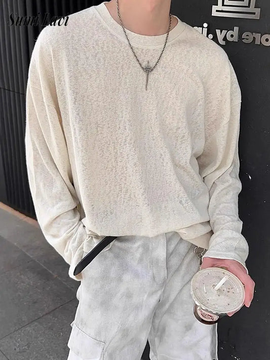 New Casual Loose Solid Color Mens T Shirt 2025 Spring Autumn Daily Leisure Long Sleeve Tees Men Fashion Crew Neck Pullover Tops