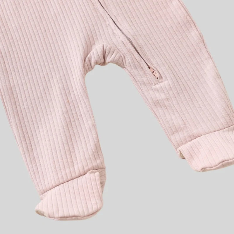 Autumn Zipper Baby Onesie Ribbed Knit Footed Romper Long Sleeve Solid Color Jumpsuit for 0-12M Newborn Infant Outfits