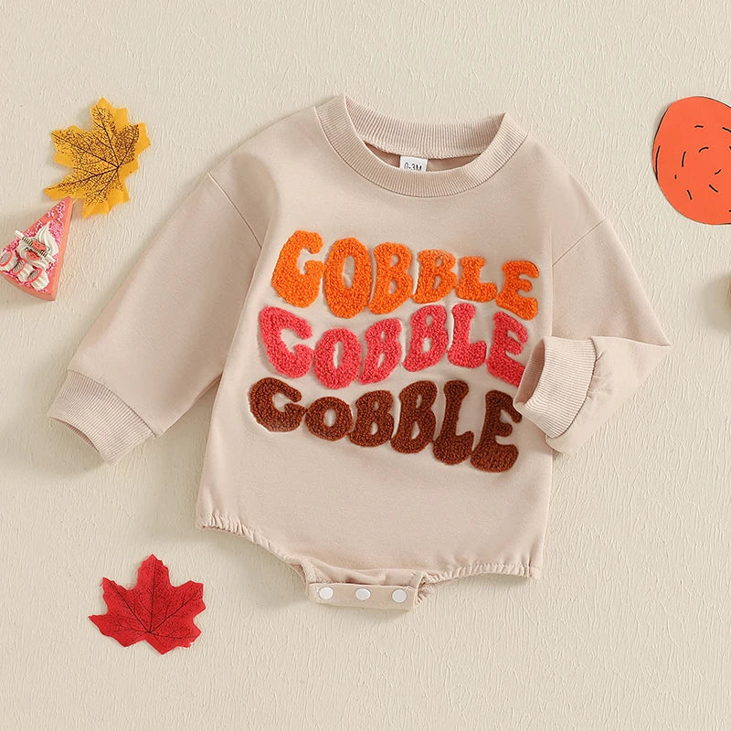 Thanksgiving Baby Romper with Embroidered Letters Long Sleeve Crew Neck Jumpsuit for Boys and Girls - Adorable Bubble