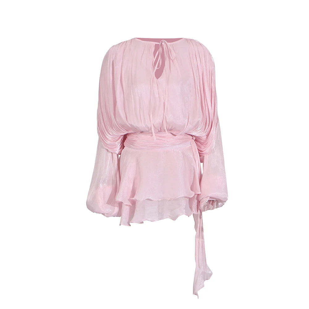 TWOTWINSTYLE Solid Patchwork Lace Up Blouse Mini Dresses For Women V Neck Long Sleeve Sweet Style Dress Female Clothing Fashion