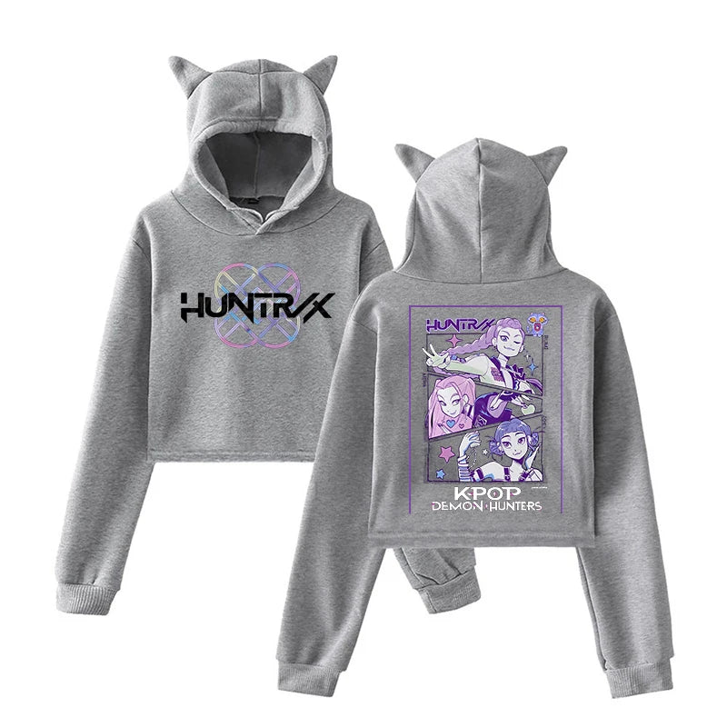 KPop Demon Hunters Cat Ears Long Sleeve Crop Tops Girls Fashion Hoodie Harajuku Streetwear Hoodie Women 2025 Girls Clothing