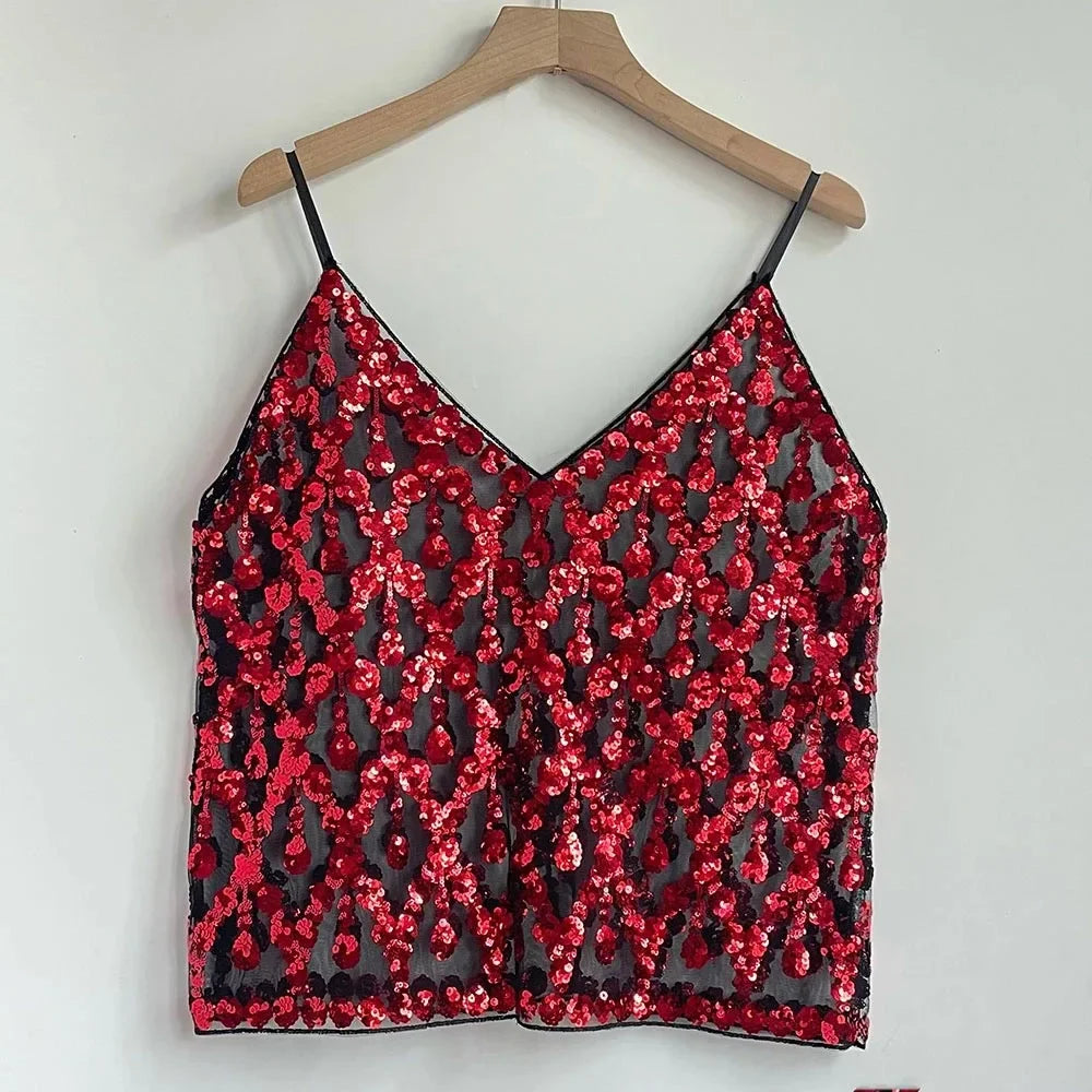 2025 Women's Summer High Quality Sequin Bead Sexy Sling Slim Fit Short V-neck Straight Tank Top Korean Fashion Clothing