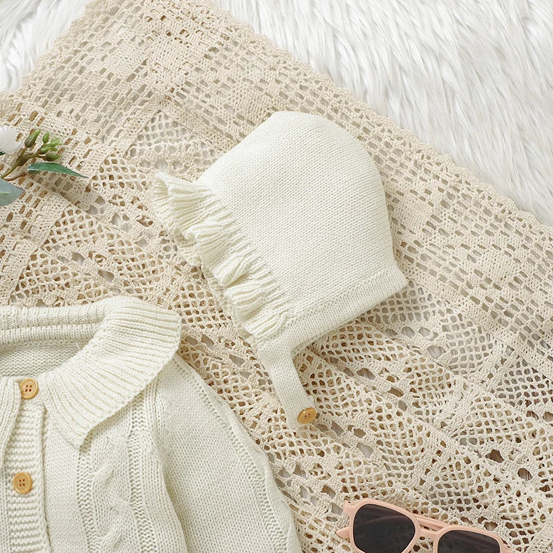 Newborn Baby Romper Knitted Infant Boy Girl Jumpsuit Outfits Long Sleeve Autumn Kid Clothes Hat 2PCS 0-9M Overalls Fashion Solid