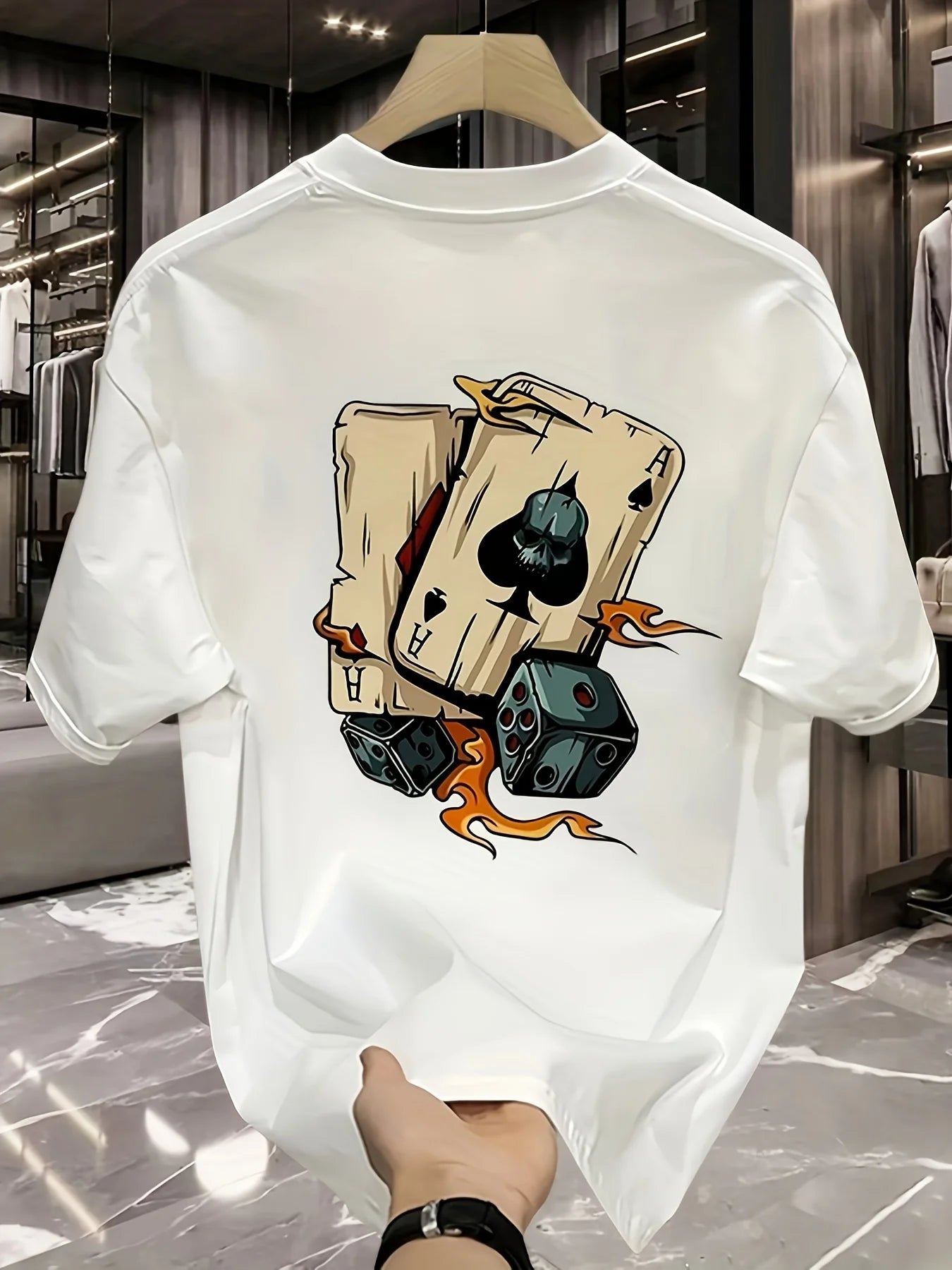 Men's summer 100% pure cotton fashionable casual loose creative poker and dice printed sports round neck short sleeved T-shirt