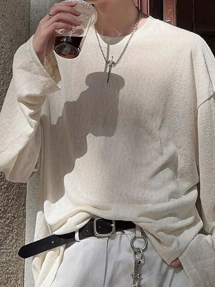 New Casual Loose Solid Color Mens T Shirt 2025 Spring Autumn Daily Leisure Long Sleeve Tees Men Fashion Crew Neck Pullover Tops