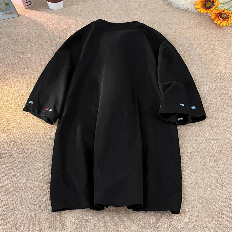 Korean Street Summer Short Sleeve Cute Puppy Graphic T-Shirt Men's Fashion Loose Fit Crewneck T-shirt Delicate Embroidery Top