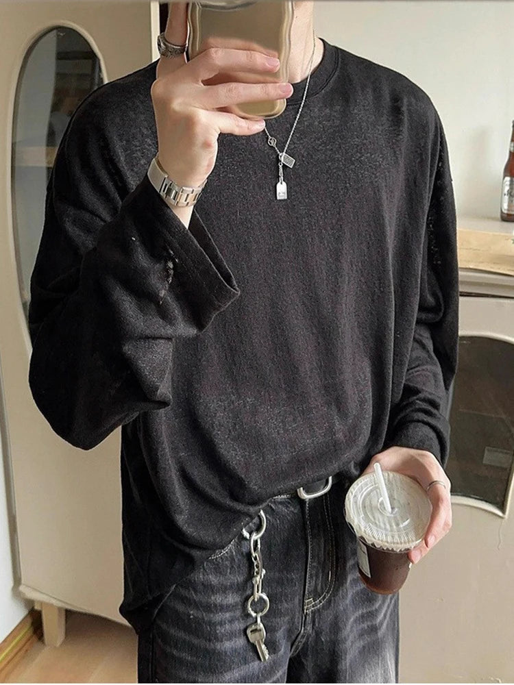 New Casual Loose Solid Color Mens T Shirt 2025 Spring Autumn Daily Leisure Long Sleeve Tees Men Fashion Crew Neck Pullover Tops