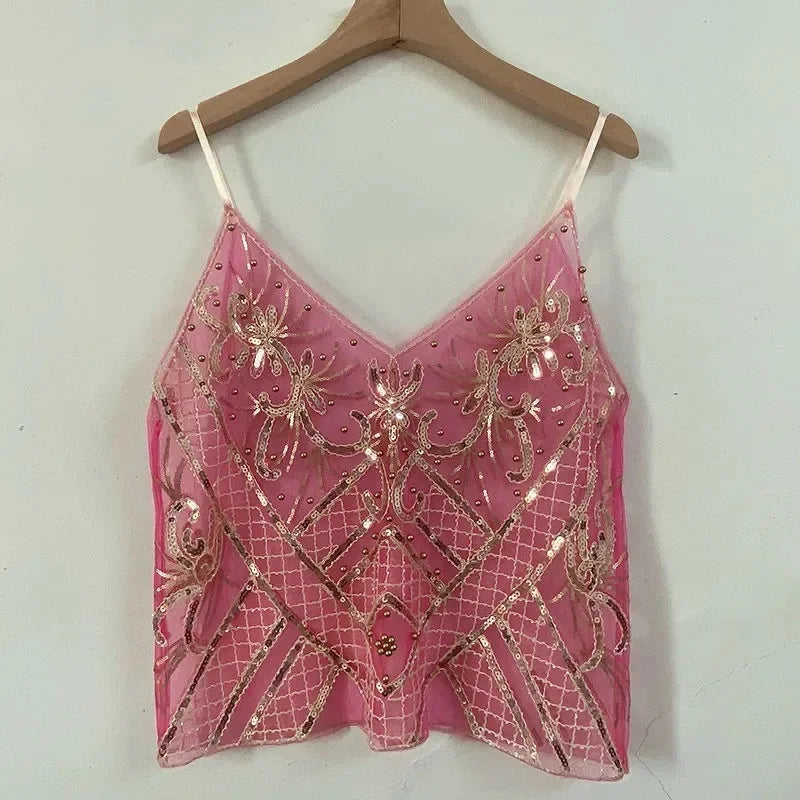 2025 Women's Summer High Quality Sequin Bead Sexy Sling Slim Fit Short V-neck Straight Tank Top Korean Fashion Clothing