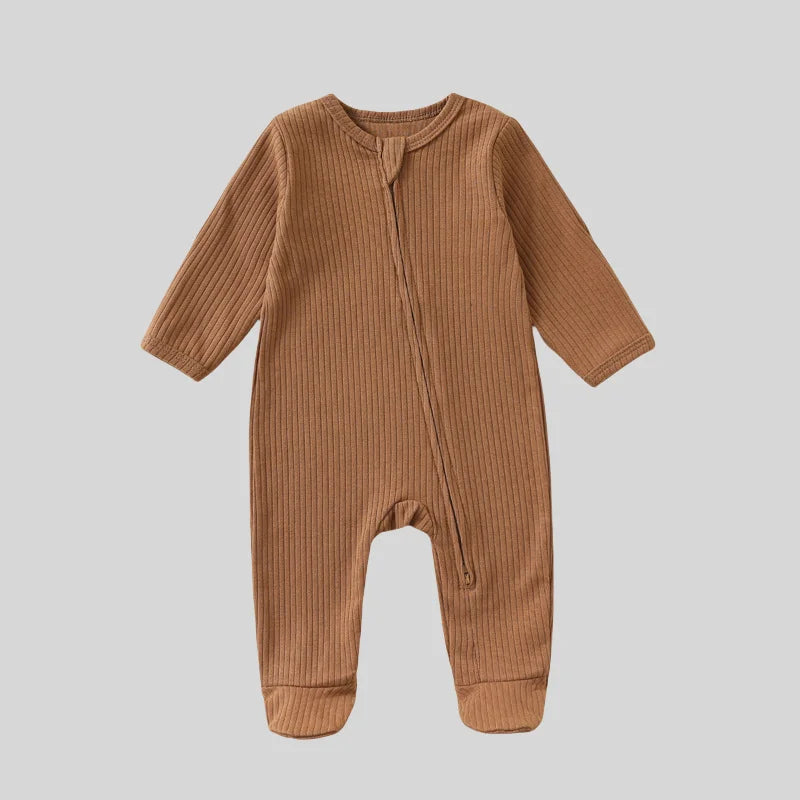 Autumn Zipper Baby Onesie Ribbed Knit Footed Romper Long Sleeve Solid Color Jumpsuit for 0-12M Newborn Infant Outfits